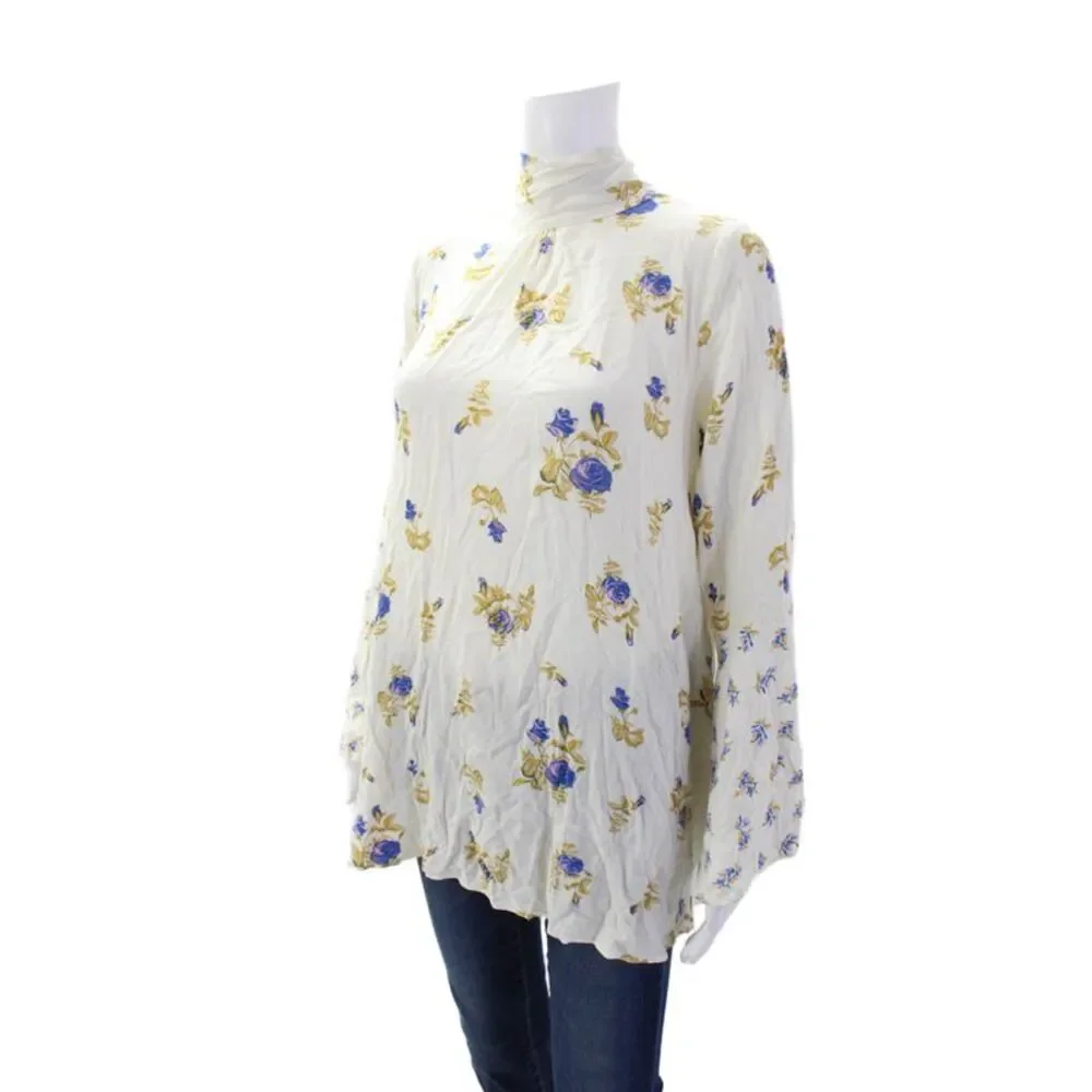 Free People Womens Floral Print Blouse White Multi Colored Size Medium